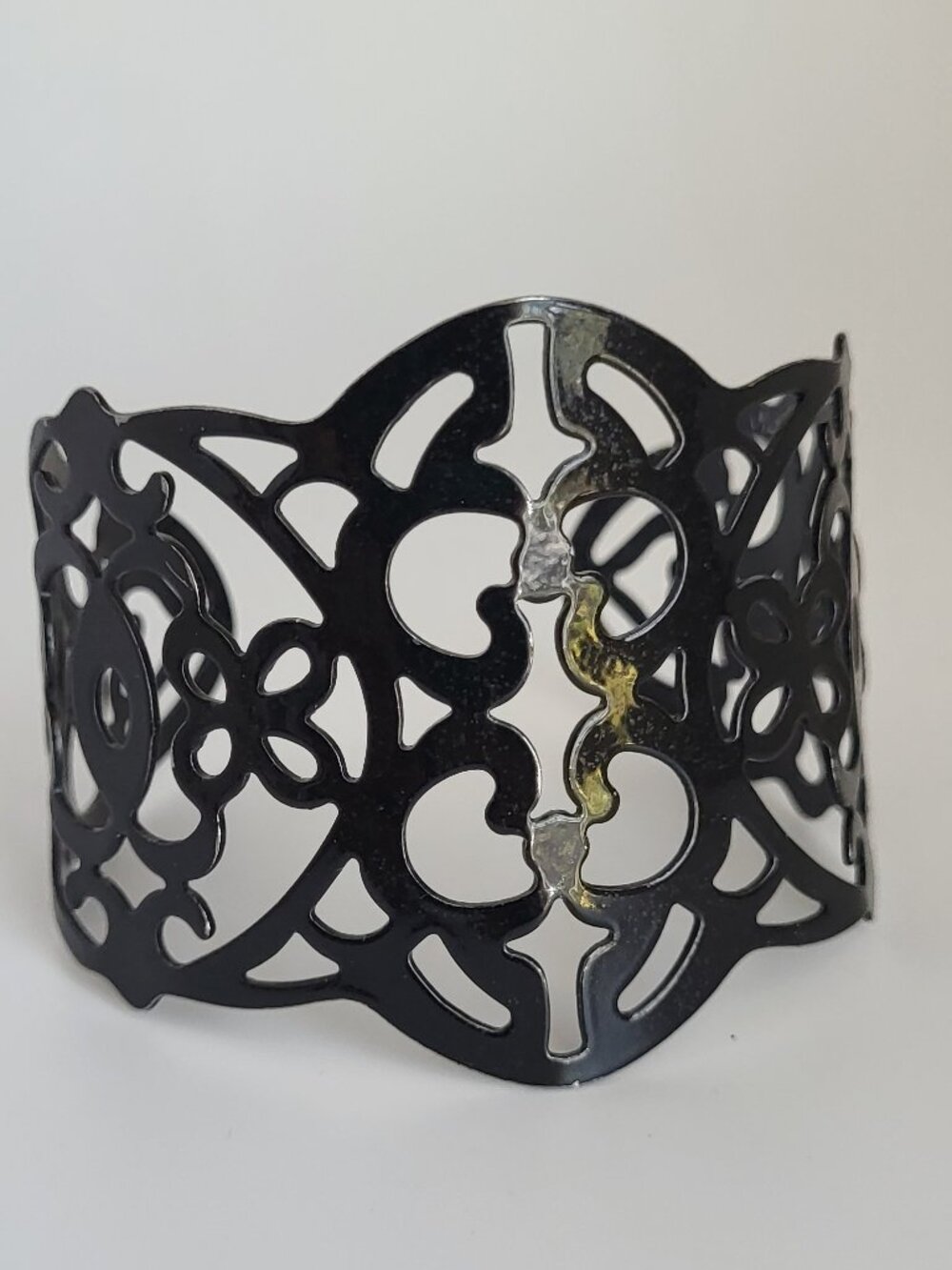 Black Enamel Adjustable Open Work Cuff Bracelet - Picture 6 of 7